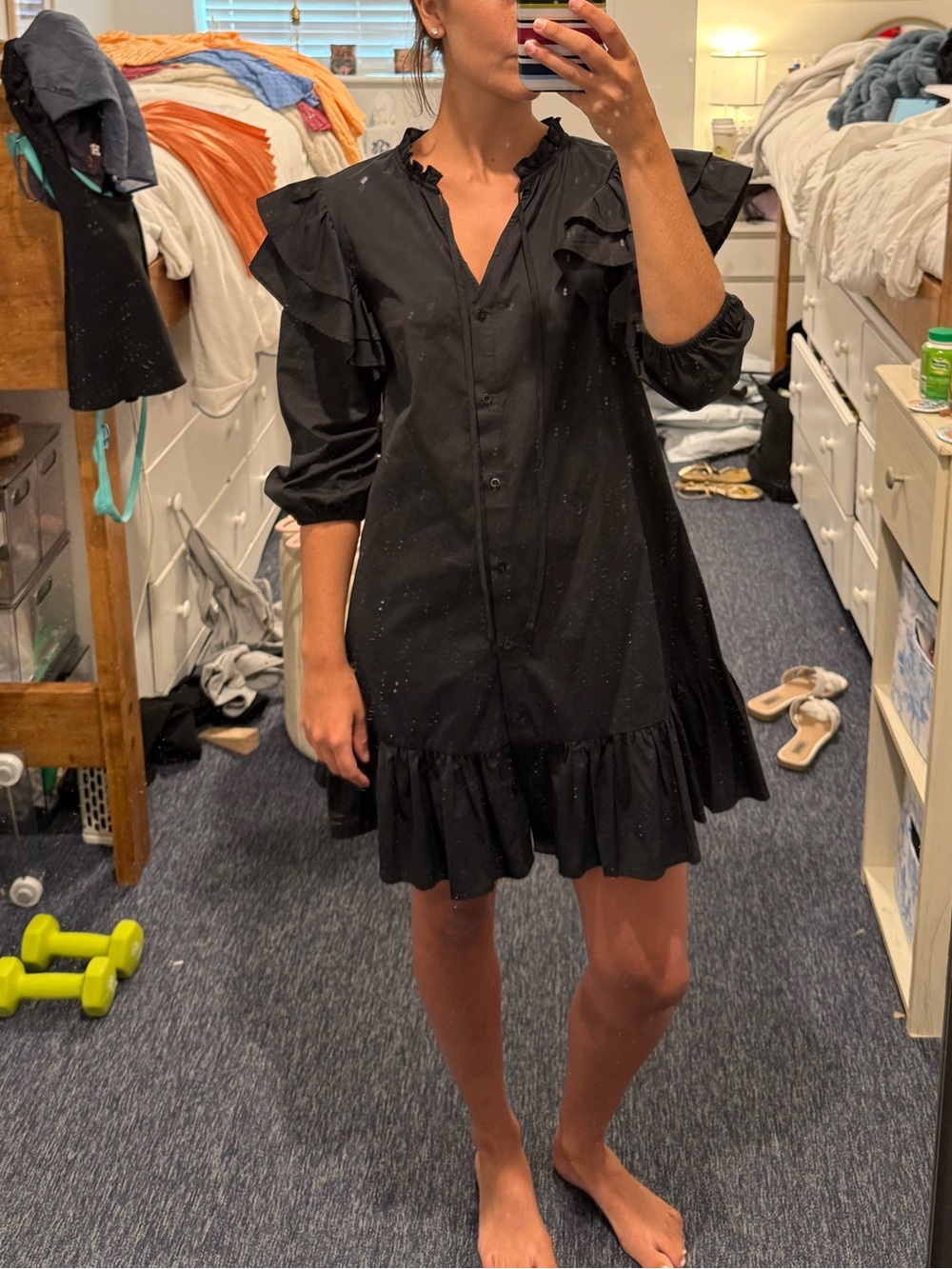 Black Ruffle-Hem Button Front Mini Dress